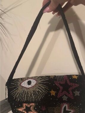 Beaded Black Statement Shoulder Bag with Star & Eye Motifs